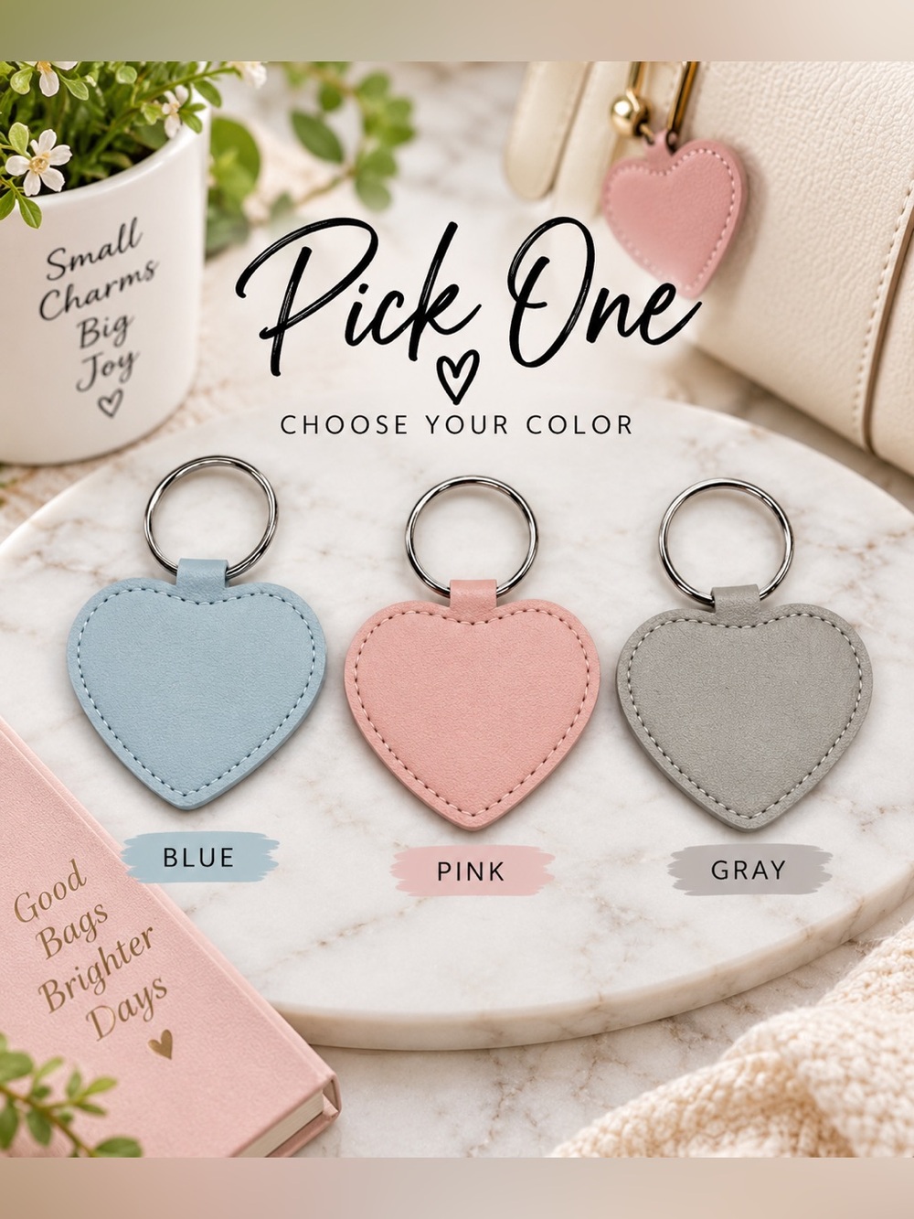 Heart Keychain Faux Leather Bag Charm – Choose Blue, Pink or Gray